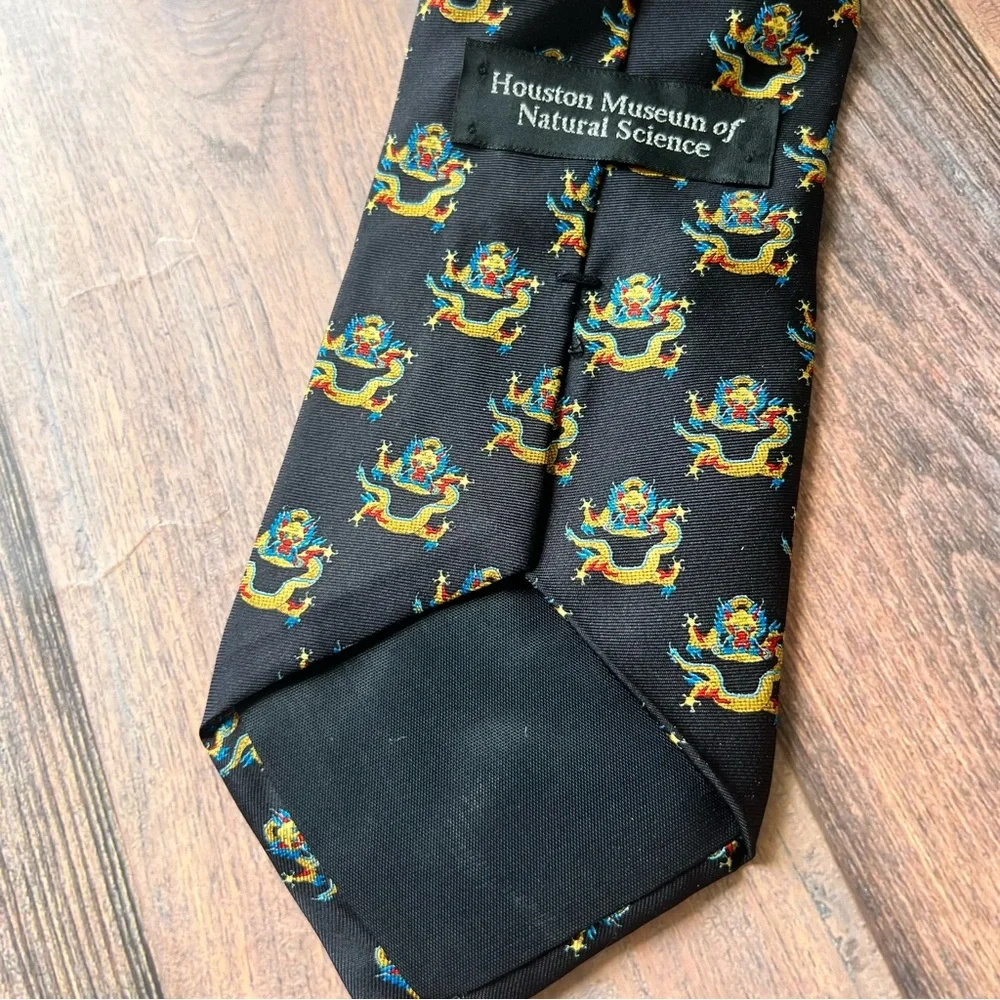 Chinese Dragon Houston Museum of Natural Science Elegant Black and Gold Silk Tie